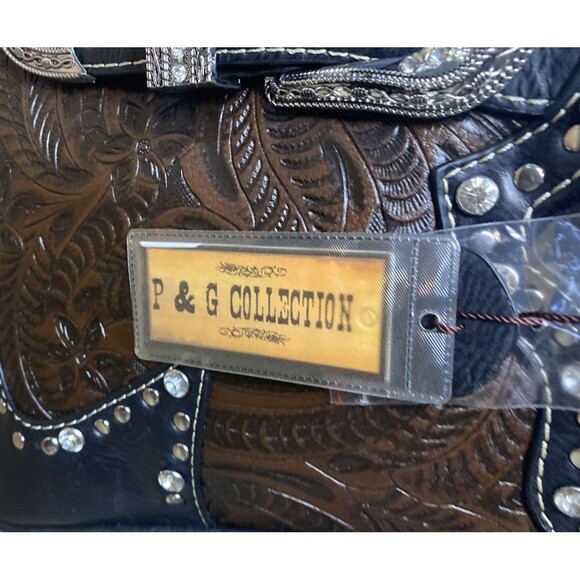 P & G Collections Western Style Brown Leather Purse w/Metal & Faux Diamond Studs - Picture 4 of 10